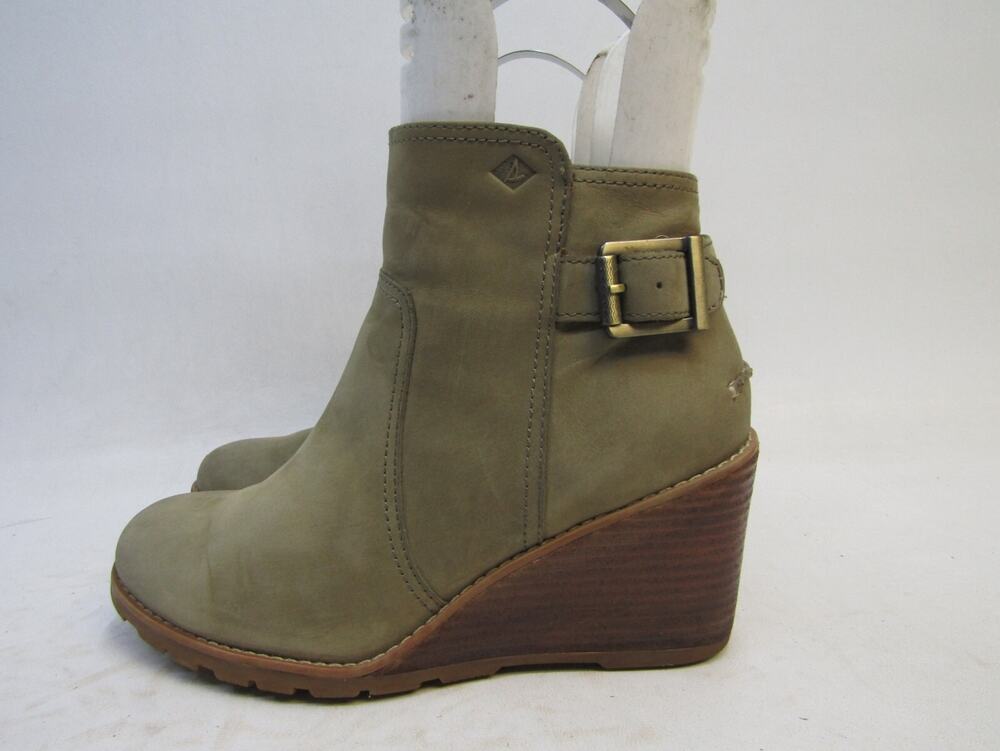 Sperry Top Sider Womens Sz 8 Brown Leather Zip Buckle Wedge Ankle Fashion Boots